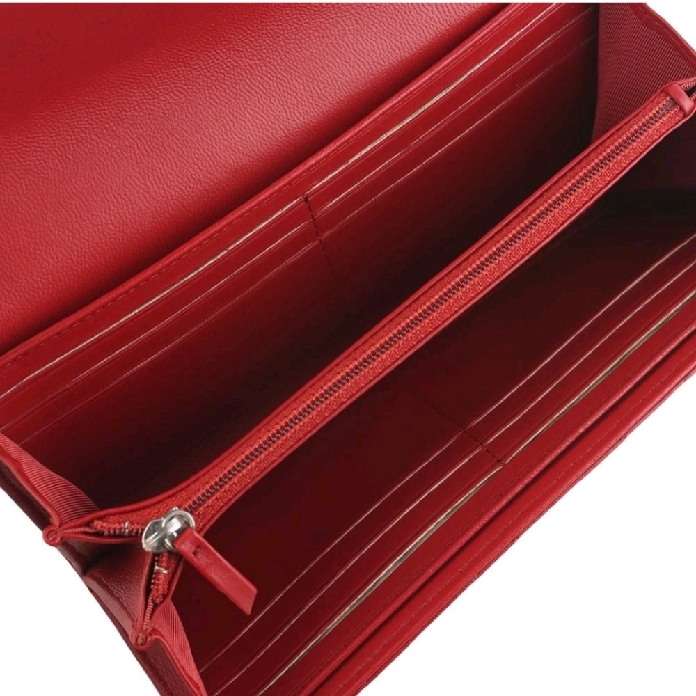 Like NEW! CHANEL LAMB SKIN RED QUILTED LONG WALLET SILVER HARDWARE - Picture 9 of 12